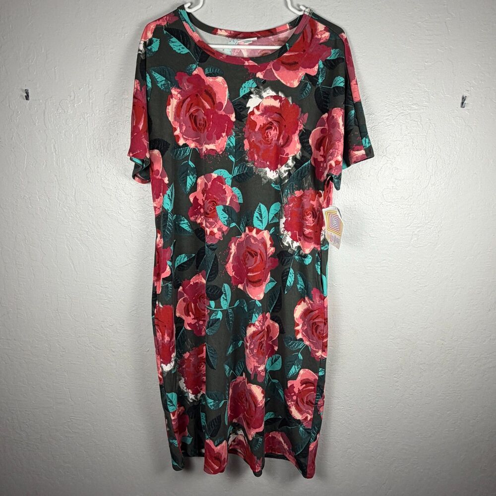 LuLaRoe Marly Dress Women 2XL Black Pink Rose Floral Teal Midi NWT Pockets
